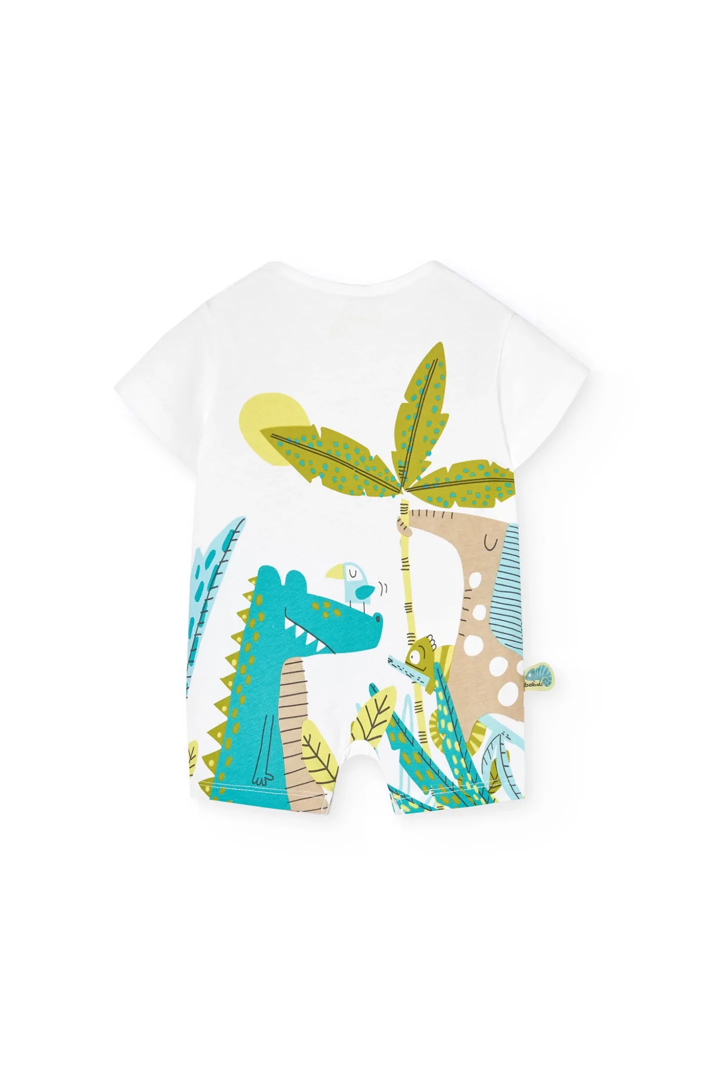 Pagliaccetto corto a maglia per bambino di colore bianco con stampa jungle time.