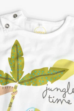 Pagliaccetto corto a maglia per bambino di colore bianco con stampa jungle time.