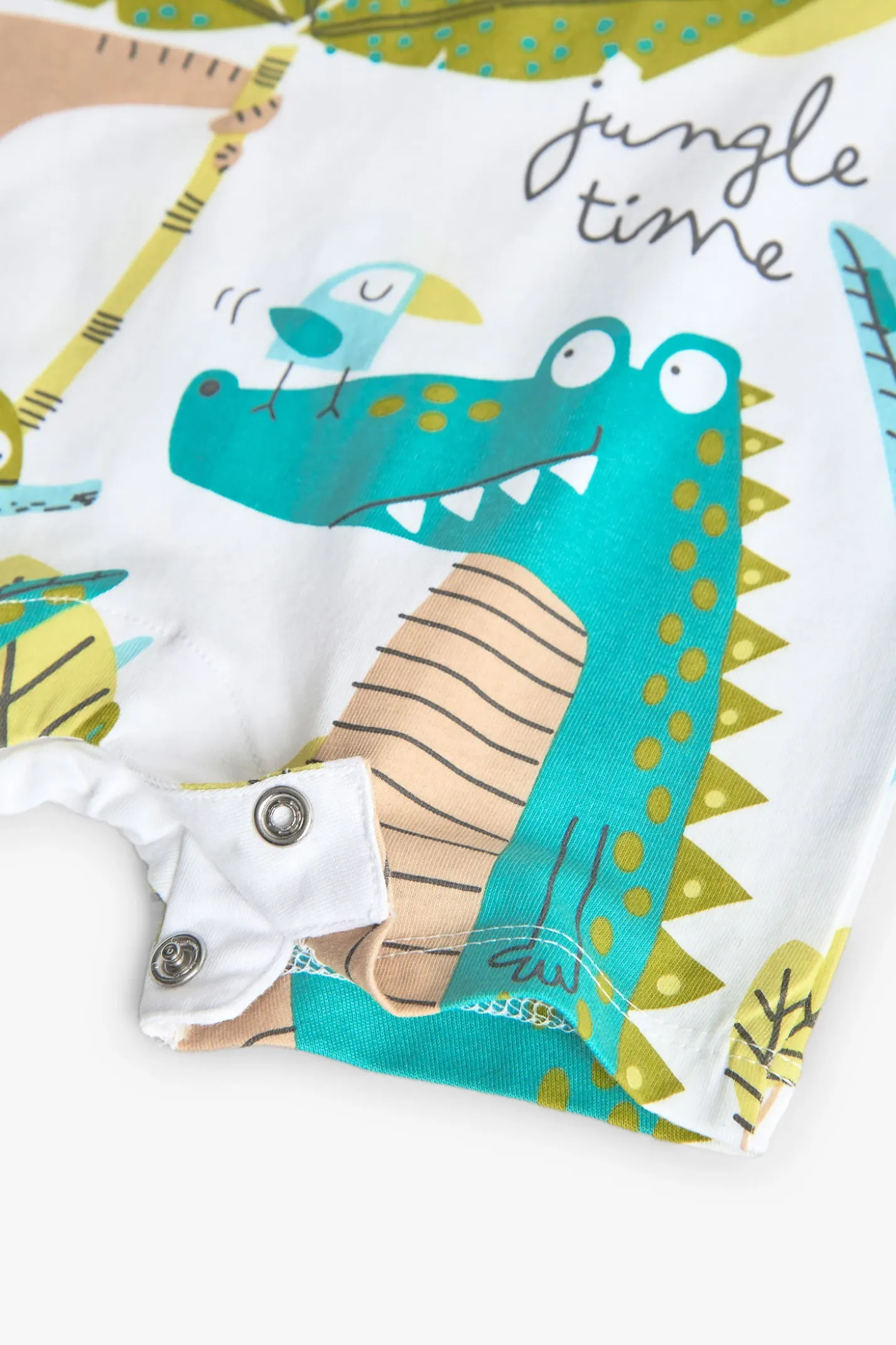 Pagliaccetto corto a maglia per bambino di colore bianco con stampa jungle time.
