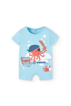 Pagliaccetto corto in maglia per neonato in colore blu con stampa di polpo pirata.