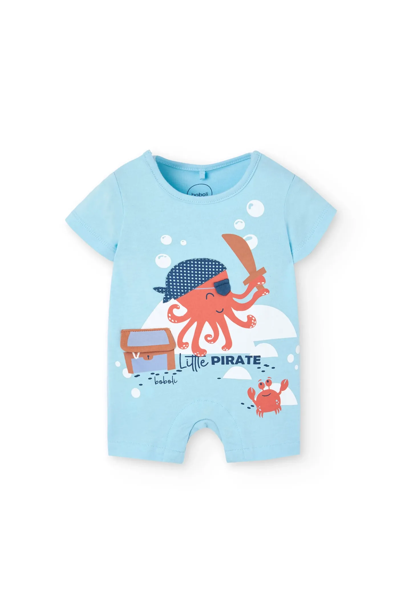 Pagliaccetto corto in maglia per neonato in colore blu con stampa di polpo pirata.