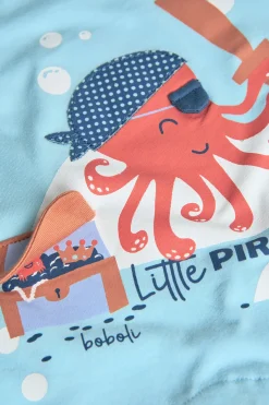 Pagliaccetto corto in maglia per neonato in colore blu con stampa di polpo pirata.