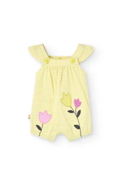 Pagliaccetto in maglia per bambina in colore giallo a righe con motivo floreale.