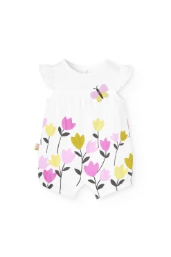 Pagliaccetto in maglia per bambina con stampa floreale in bianco.