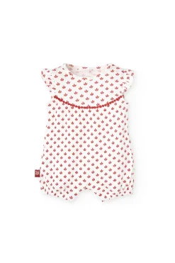 Pagliaccetto in maglia per neonata di colore bianco con motivo di fiori rossi.