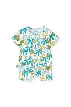 Pagliaccetto in maglia per neonato in colore blu e verde con stampa di palme.