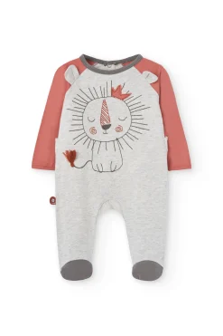 Pagliaccetto in maglia per bebé color panna con stampa di leone.