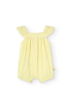 Pagliaccetto in maglia per bambina in colore giallo a righe con motivo floreale.