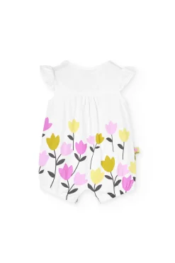 Pagliaccetto in maglia per bambina con stampa floreale in bianco.