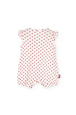 Pagliaccetto in maglia per neonata di colore bianco con motivo di fiori rossi.
