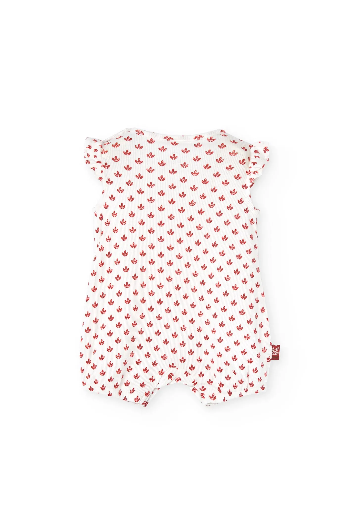 Pagliaccetto in maglia per neonata di colore bianco con motivo di fiori rossi.
