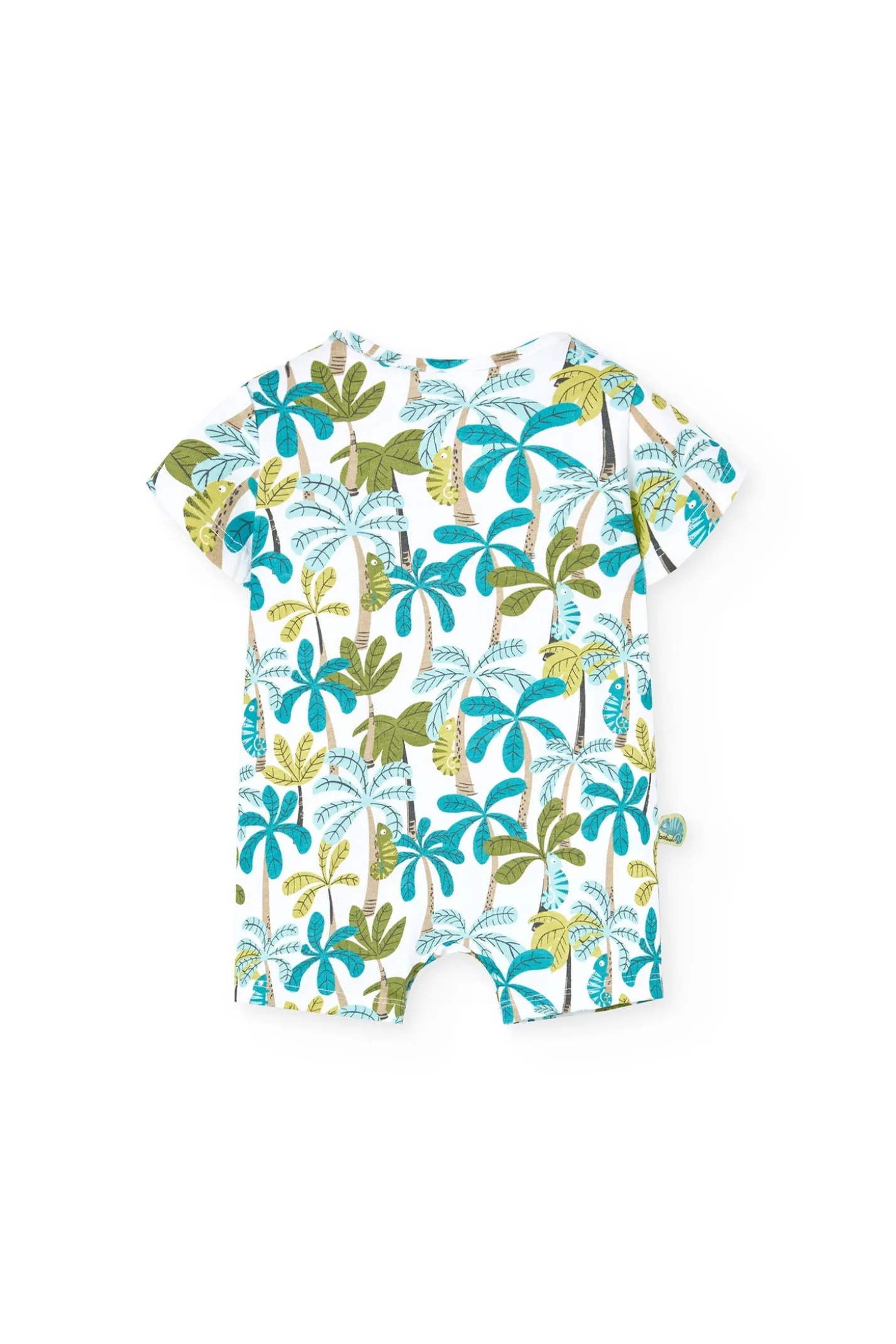 Pagliaccetto in maglia per neonato in colore blu e verde con stampa di palme.