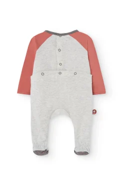 Pagliaccetto in maglia per bebé color panna con stampa di leone.