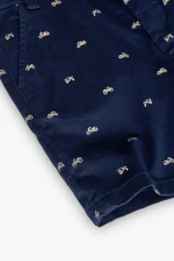 Pantaloncini di raso da bambino con stampa di moto di colore blu