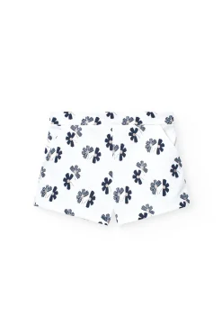Pantaloncini in maglia per bambina con stampa floreale in bianco e blu