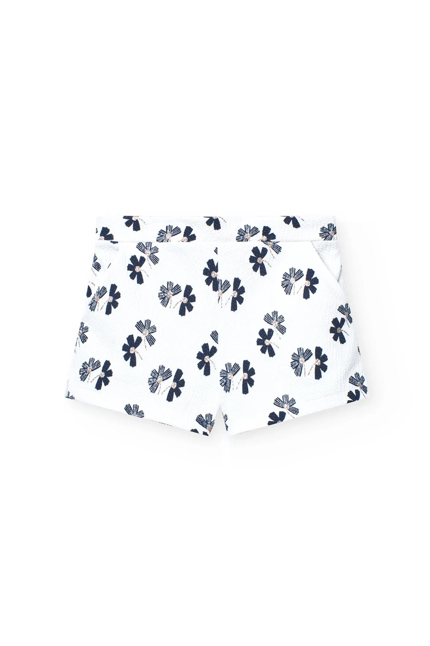 Pantaloncini in maglia per bambina con stampa floreale in bianco e blu