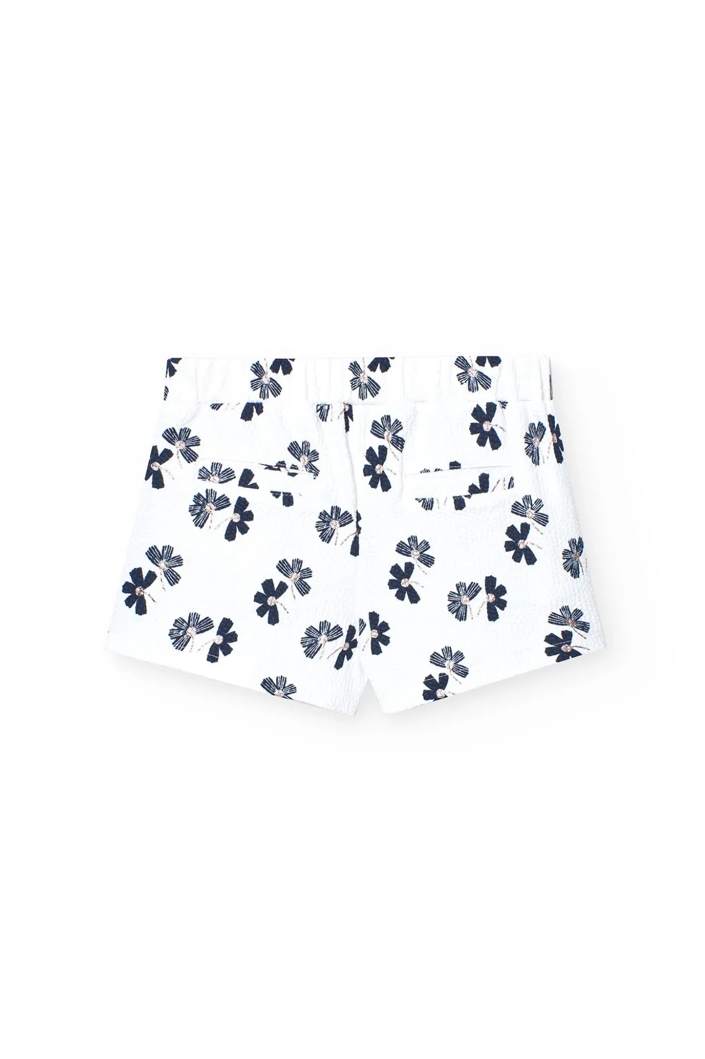 Pantaloncini in maglia per bambina con stampa floreale in bianco e blu