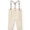 Pantaloni in lino per bambino in beige con bretelle.