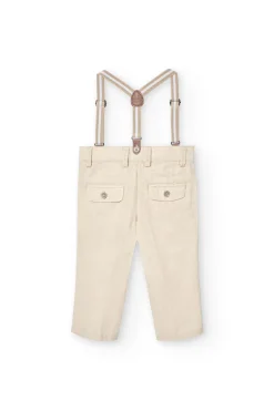Pantaloni in lino per bambino in beige con bretelle.