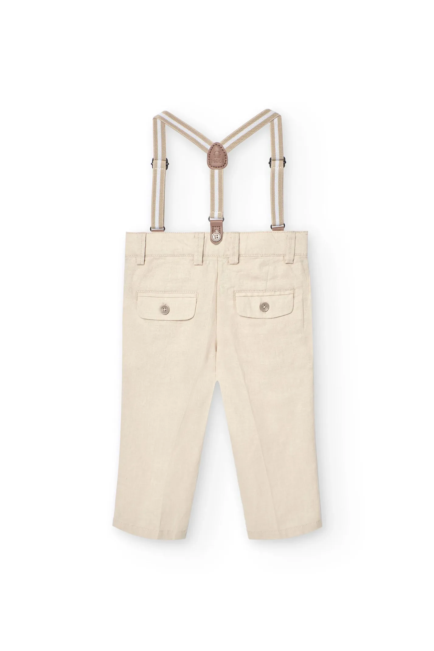 Pantaloni in lino per bambino in beige con bretelle.