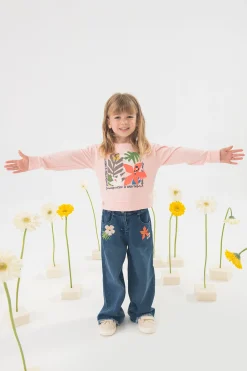 Pantaloni in maglia per neonata in colore blu con ricamo
