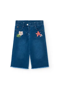 Pantaloni in maglia per neonata in colore blu con ricamo
