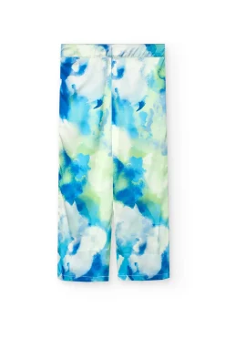 Pantaloni larghi in raso per bambina con stampa nei colori blu e verde