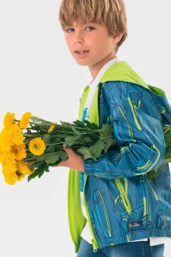 Parka reversibile a maglia per bambino con stampa in blu e verde