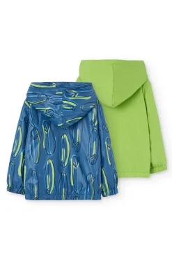 Parka reversibile a maglia per bambino con stampa in blu e verde