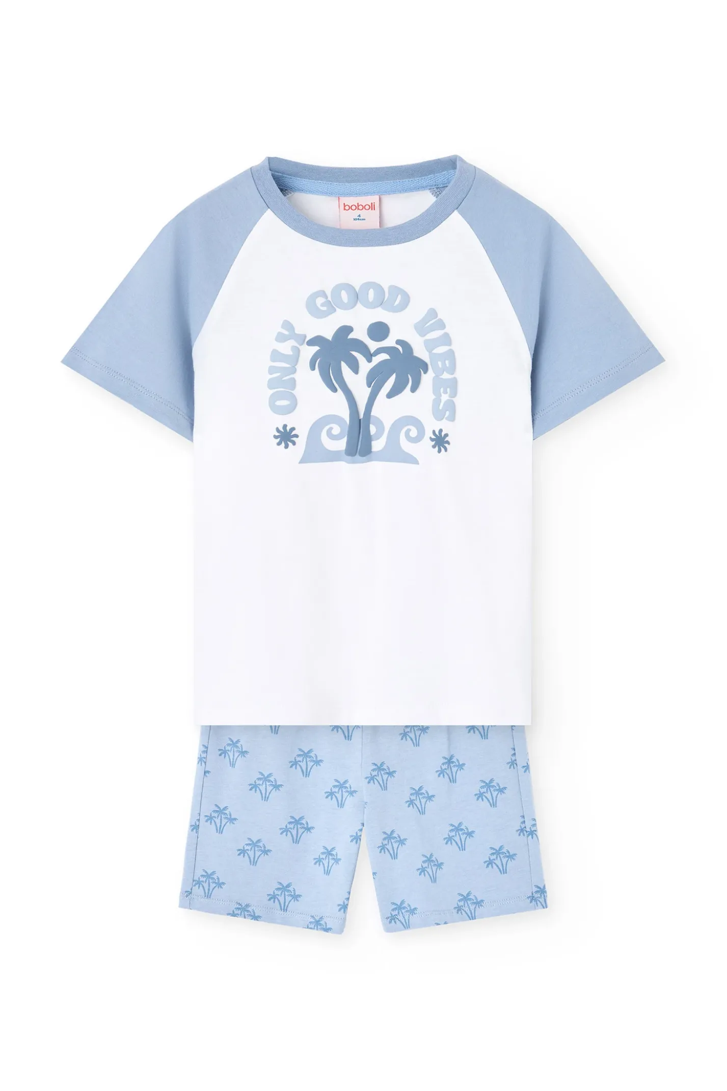 Pigiama corto in maglia per bambino con stampa in colore blu.