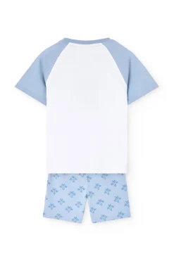 Pigiama corto in maglia per bambino con stampa in colore blu.