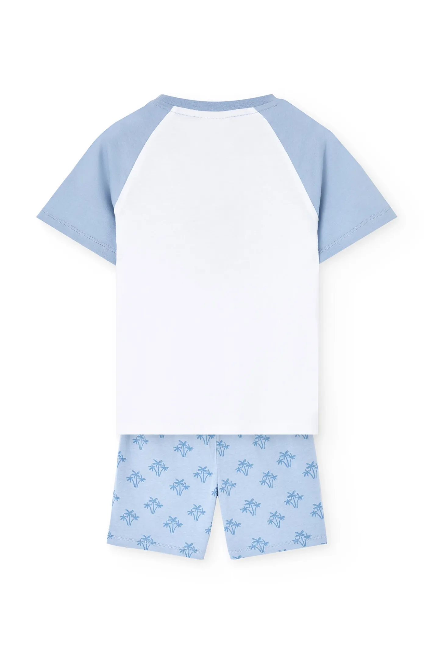 Pigiama corto in maglia per bambino con stampa in colore blu.