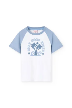 Pigiama corto in maglia per bambino con stampa in colore blu.