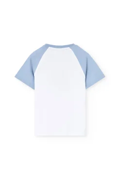 Pigiama corto in maglia per bambino con stampa in colore blu.