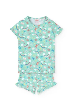 Pigiama in maglia per bambina con stampa di arcobaleni e fiori in tonalità verdi.