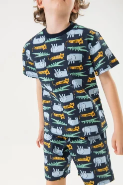 Pigiama in maglia per bambino con stampa di animali color blu