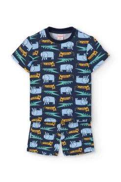 Pigiama in maglia per bambino con stampa di animali color blu