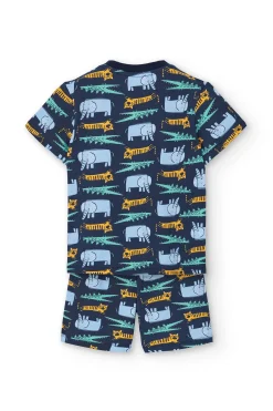 Pigiama in maglia per bambino con stampa di animali color blu