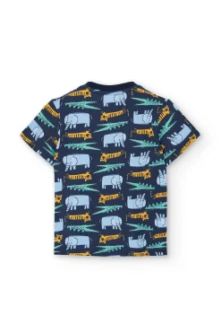 Pigiama in maglia per bambino con stampa di animali color blu