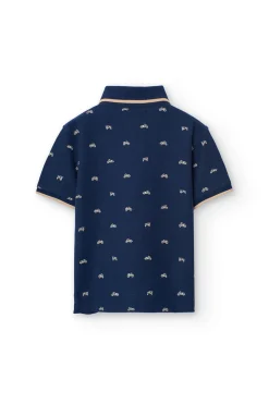 Polo in piqué per bambino con stampa in blu marino