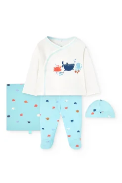 Set di maglieria per neonato in colore bianco.