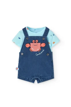 Set di maglietta in maglia per neonato in colore acqua con stampa di granchio.