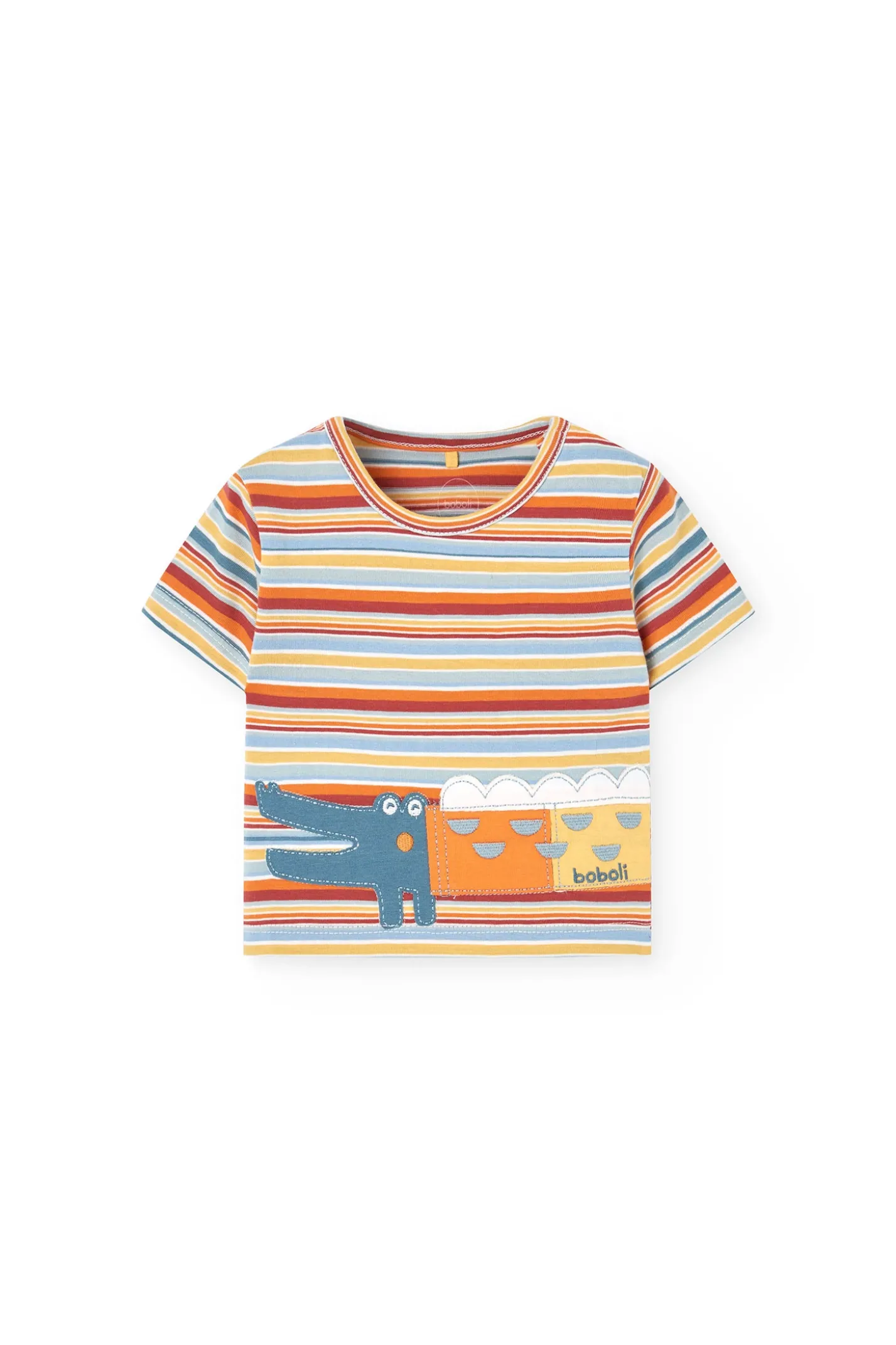 Set di maglietta in maglia per neonato di colore giallo con stampa a righe e coccodrillo.