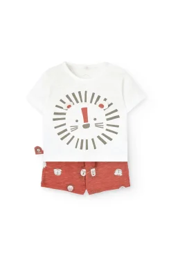 Set di t-shirt e pantaloncini in maglia per neonato bianco con motivo di leone.