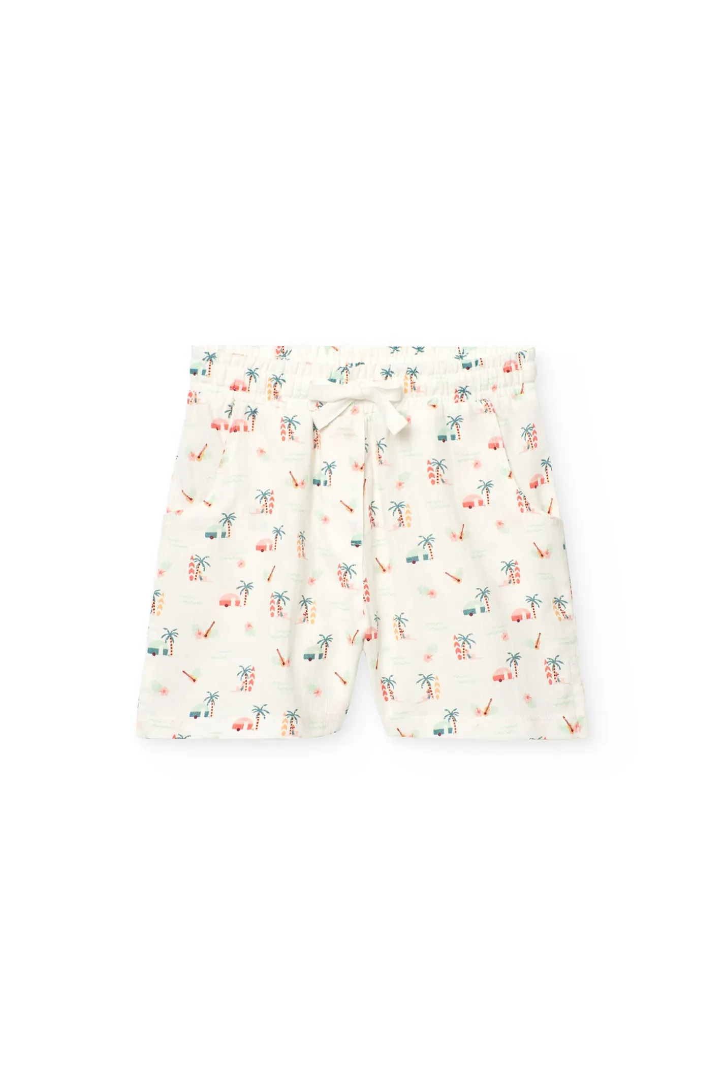 Short in batista per bambina con stampa tropicale in colore chiaro.