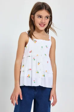 Top di bambula per bambina con motivo floreale in colore bianco