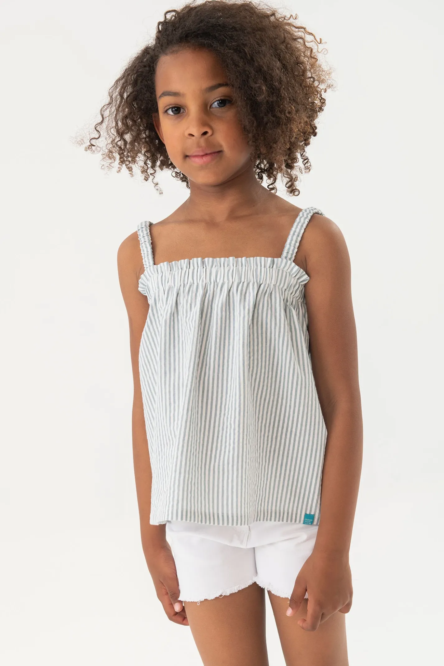Top in popeline per bambina a righe blu e bianche.