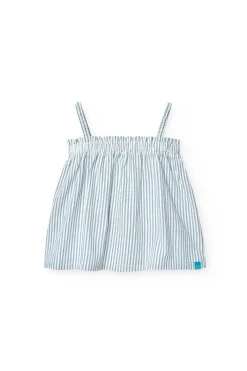 Top in popeline per bambina a righe blu e bianche.