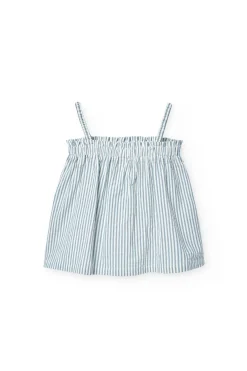 Top in popeline per bambina a righe blu e bianche.