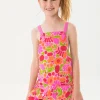 Tuta in maglia per bambina con design floreale in rosa e verde.